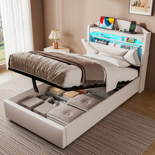 Cama 90x200 cm con Almacenamiento, Cama Individual con LED, Puertos USB y Type-C, Somier 90x200 Hidráulico, Camas Juveniles Camas Infantiles con Cabecero, Lino, Beige, Colchón No Incluido