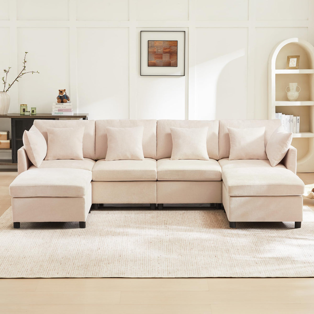 Sapgaks Sofá Seccional en U Moderno,Sofá 4 plazas,Mueble Acolchado de diseño Moderno,Tela de Chenilla (Beige)