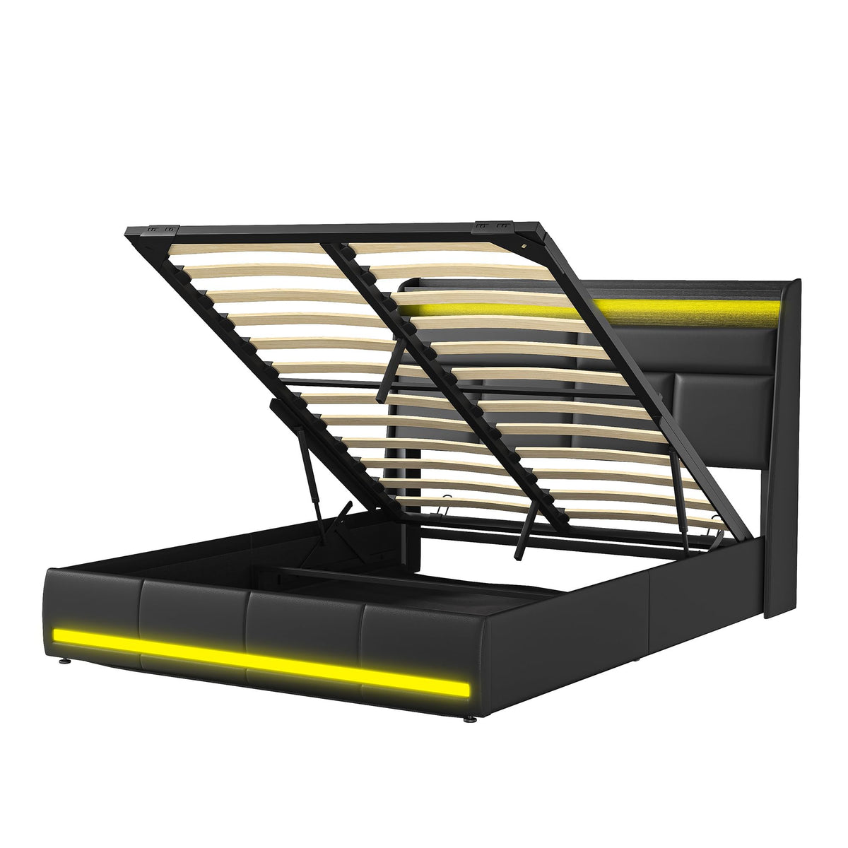 Cama tapizada de 160 x 200 cm, cama doble LED con espacio de almacenamiento, cabecero y función de carga USB C, cama de almacenamiento hidráulico, respaldo con somier de láminas de madera