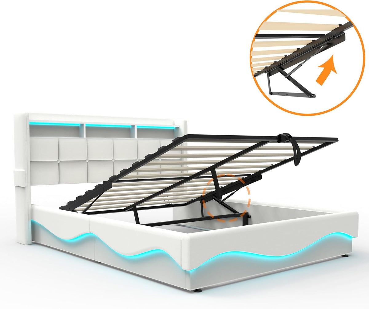 Estructura de Cama de Cuero 160x200cm con Carga USB Type-C, Blanco