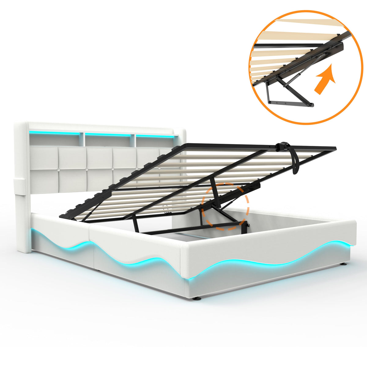 Estructura de Cama de Cuero 160x200cm con Carga USB Type-C, Blanco