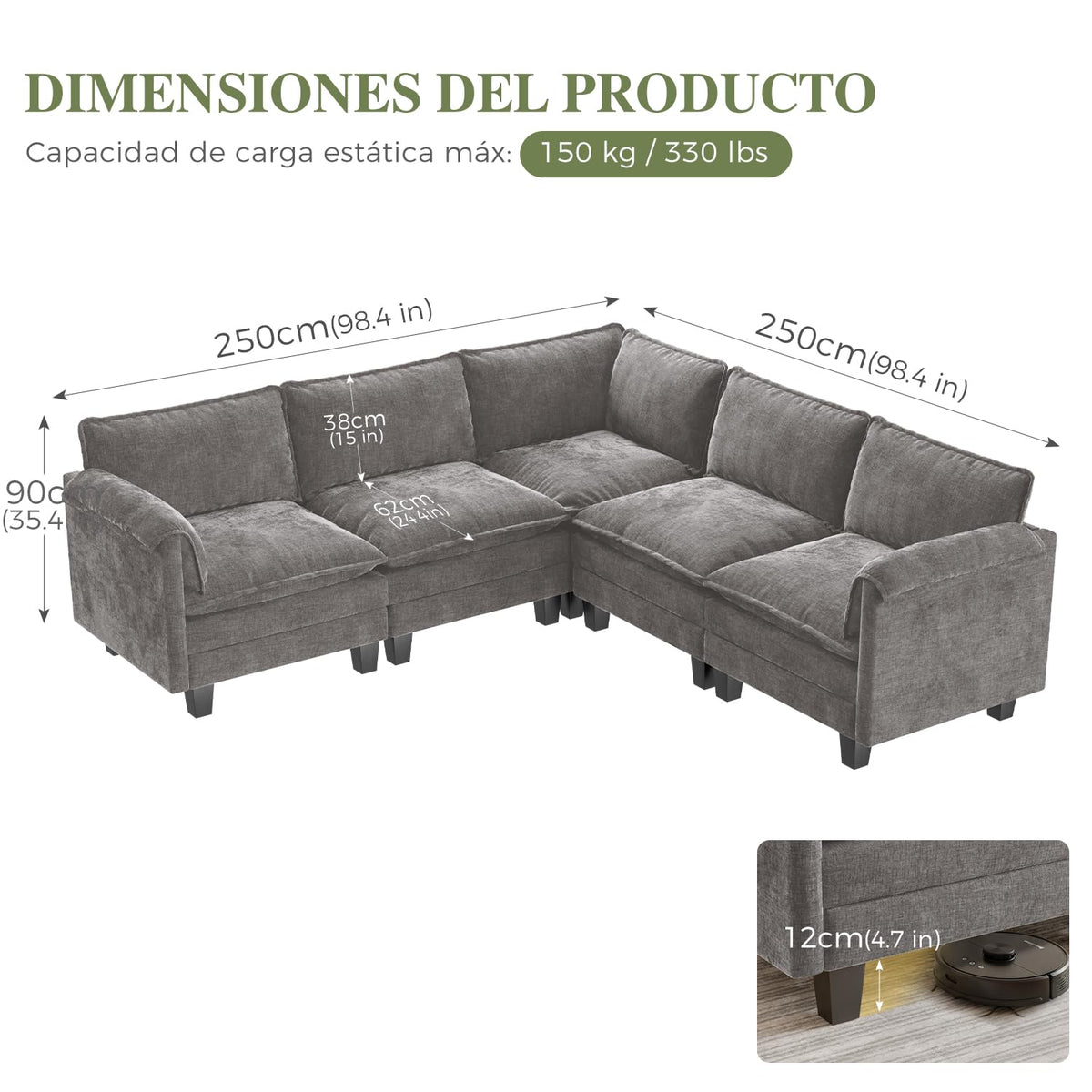ELUCHANG Sofá Nube Modular 256cm, Sofá de 3 Plazas con Asiento Profundo 62cm, Montaje sin Herramientas, Sofá Moderno de Chenilla para Salón y Habitación, Gris Perla