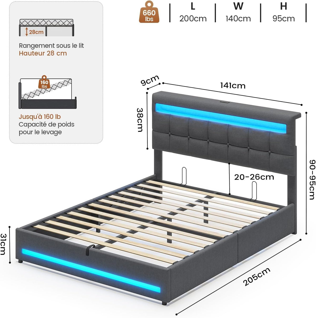AOGLLATI Camas Matrimoniales 140x190 cm con Almacenamiento Hidráulico, Cama Canapé con Cabecero Ajustable, Estructura de Cama con Luces LED y Estación de Carga (USB y Tipo-C), Gris Oscuro