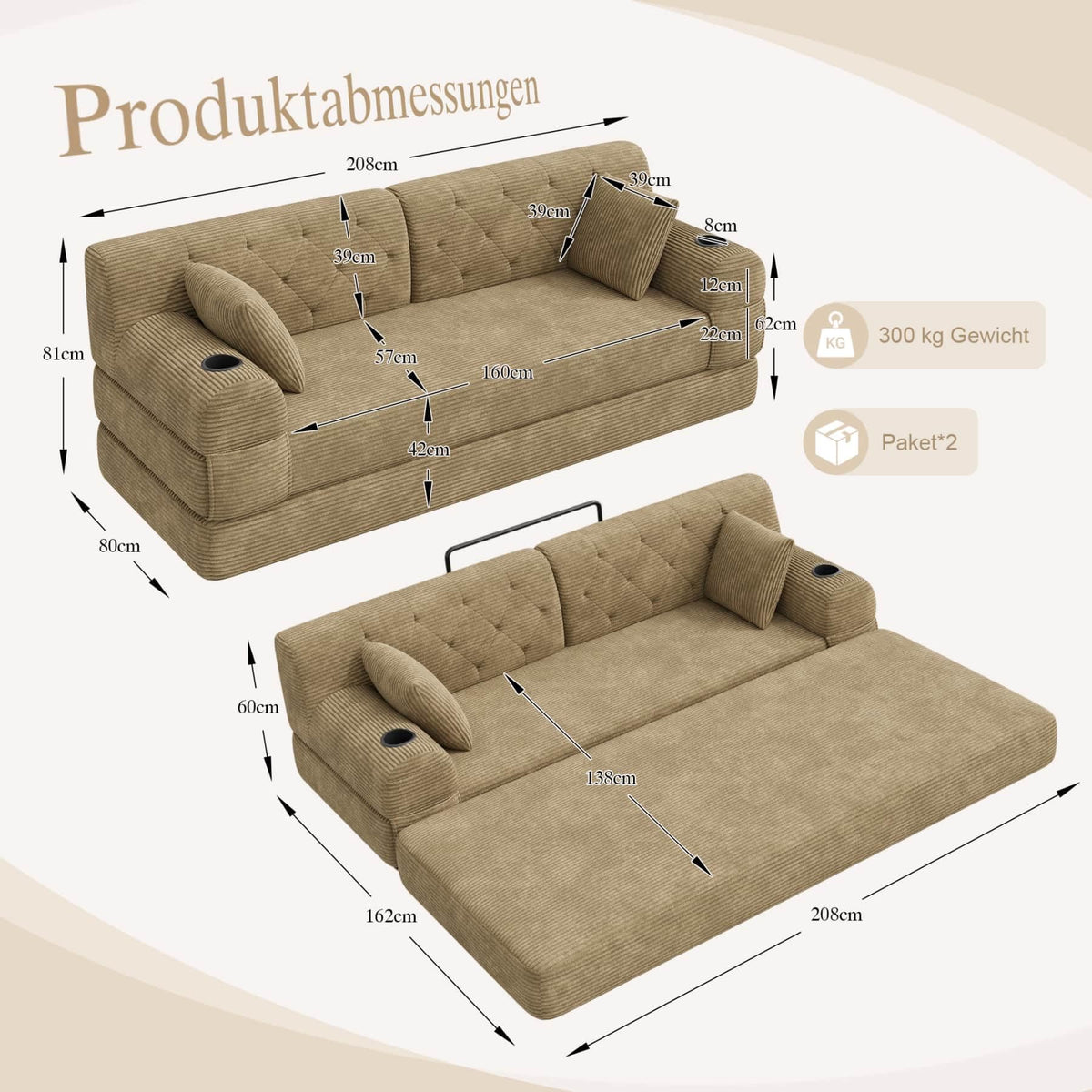 YEHTOKHOME - Sofá de Velor acanalado con respaldo alto y estructura metálica, sofá moderno de 2 plazas con 2 portavasos y 4 bolsillos laterales, para salón, dormitorio (Beige)