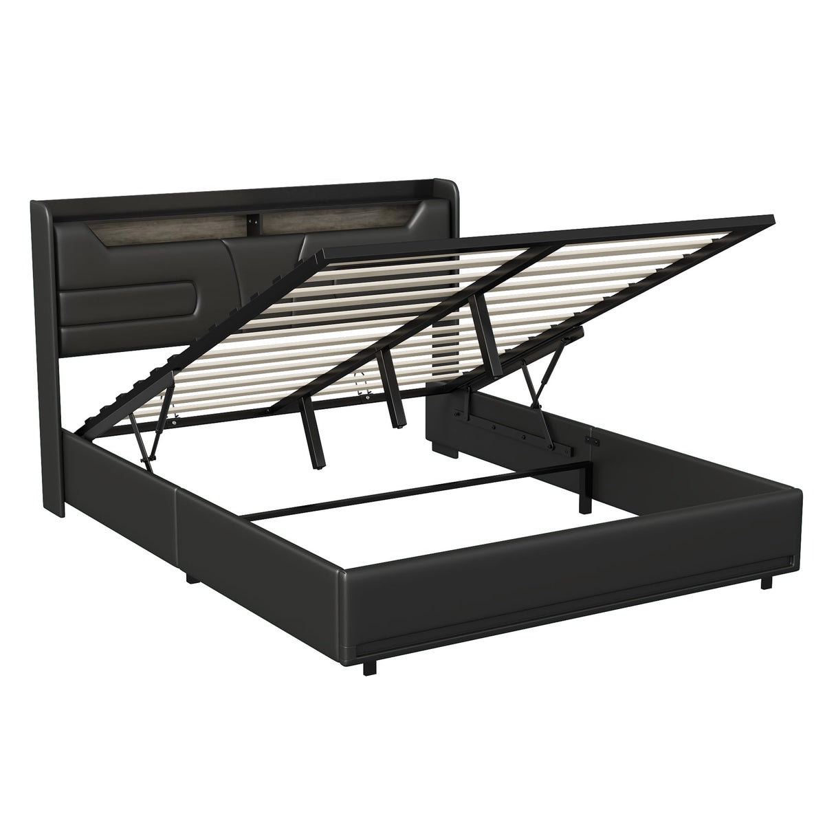 Cama tapizada de 160 x 200 cm, cama doble LED con espacio de almacenamiento, cabecero y función de carga USB C, cama de almacenamiento hidráulico, respaldo con somier de láminas de madera