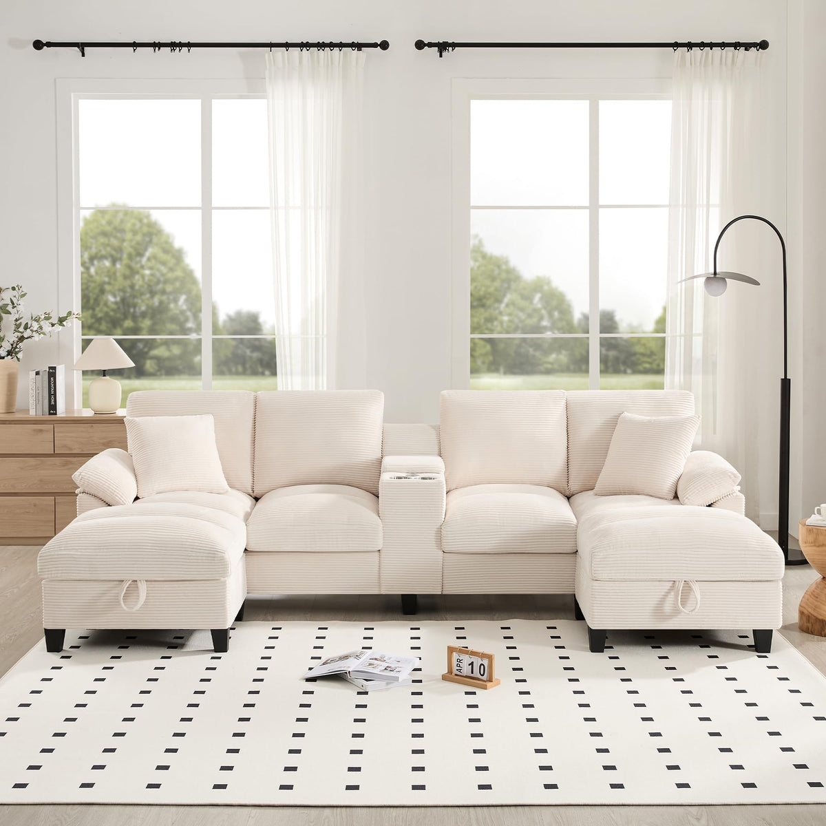 Sofá modular de 6 plazas, sofá esquinero en forma de L/U, puertos USB/tipo C, portavasos y espacio de almacenamiento, tela de chenilla, 7 cojines, salón, dormitorio y oficina, color beige