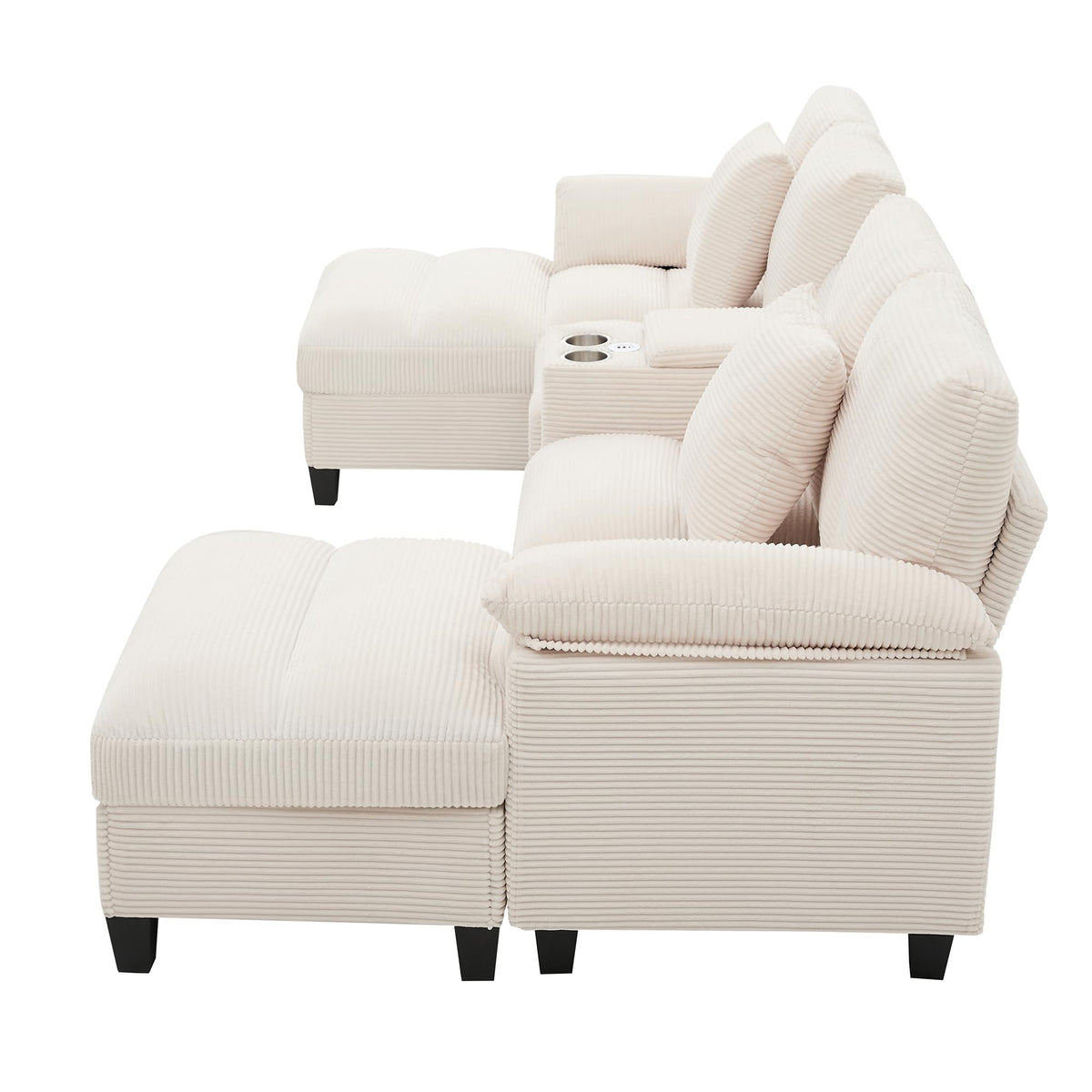Sofá modular de 6 plazas, sofá esquinero en forma de L/U, puertos USB/tipo C, portavasos y espacio de almacenamiento, tela de chenilla, 7 cojines, salón, dormitorio y oficina, color beige