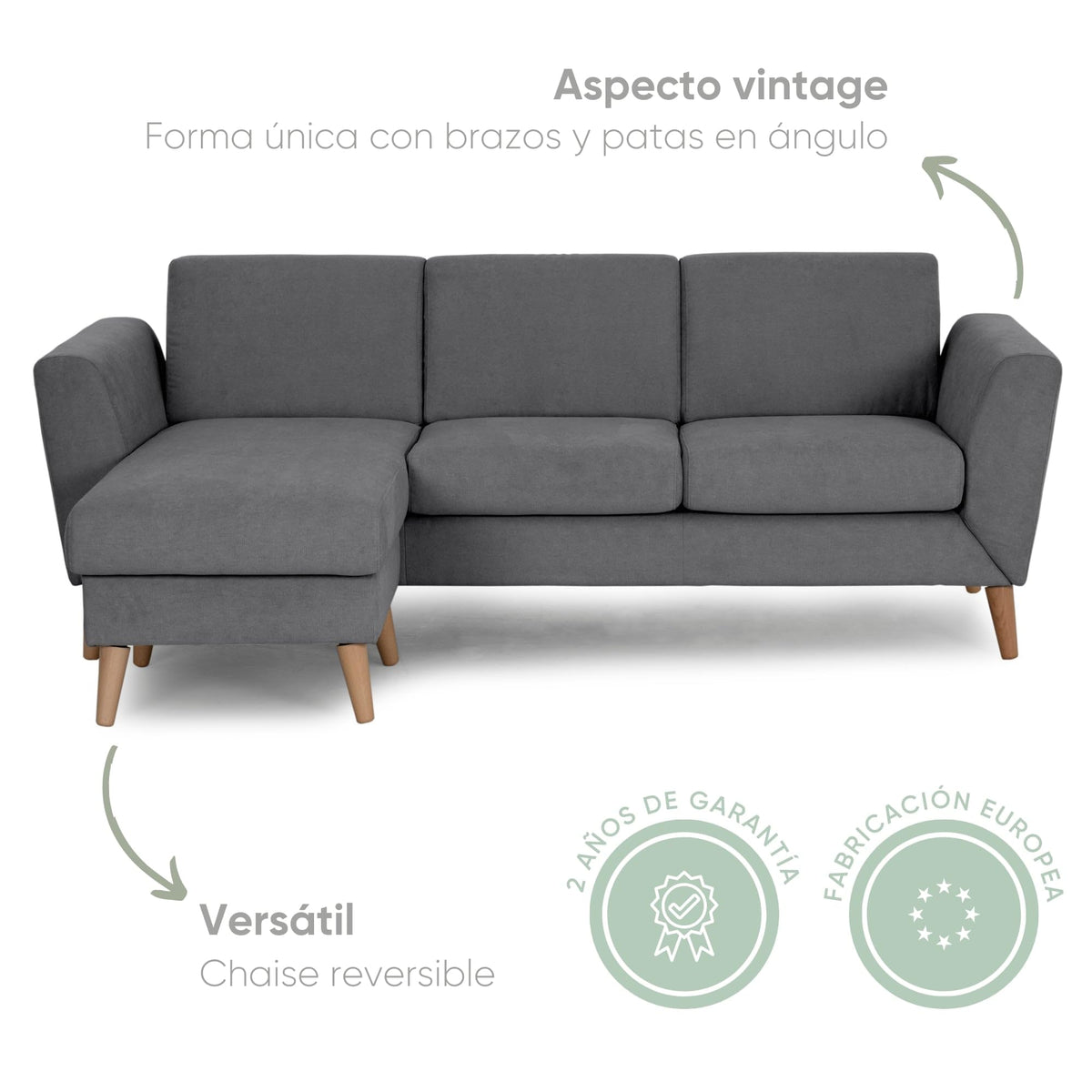 BUDWING Leah Sofá Cama Esquinero 3 Plazas - Chaise Longue Reversible y 2 Cojines Decorativos – Tapizado en Poliéster – Estilo Moderno – 233x124x69 cm – Gris Bicolor