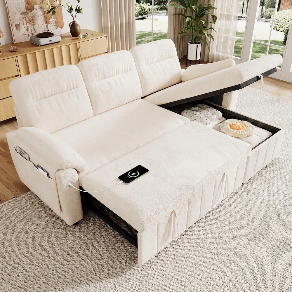 Bladez Sofá cama extensible en forma de L de lino con espacio de almacenamiento, soporte para bebidas, sofá modular de 3 plazas para salón (gris)