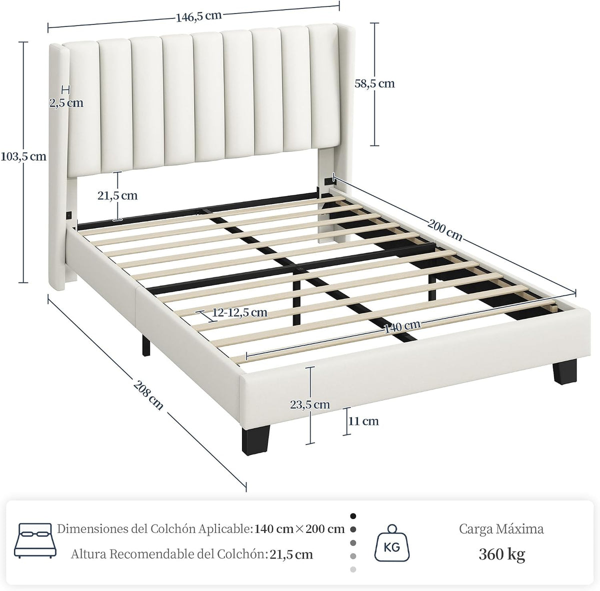 Yaheetech Cama Doble Tapizada 140 x 200cm con Somier de Lamas con Cabecero Rayado Moderno Estructura de Madera y Metal Marco de Cama para Adultos 2 Personas Beige