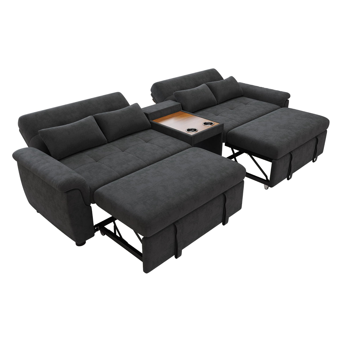 LAKFEW Sofa Cama con Cama Extensible y Taburete Almacenaje, Sofa Rinconera con USB, Lámpara de Lectura, Mesa Plegable con 2 Posavasos, 205x205x85 cm, Gris