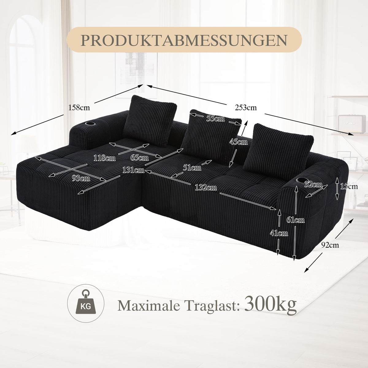 Dolamaní Sofá compacto de 3 plazas de pana con 3 cojines, sofá esquinero en forma de L con función de dormir, suave y modular, asiento extraprofundo, sin montaje, para salón (gris oscuro)