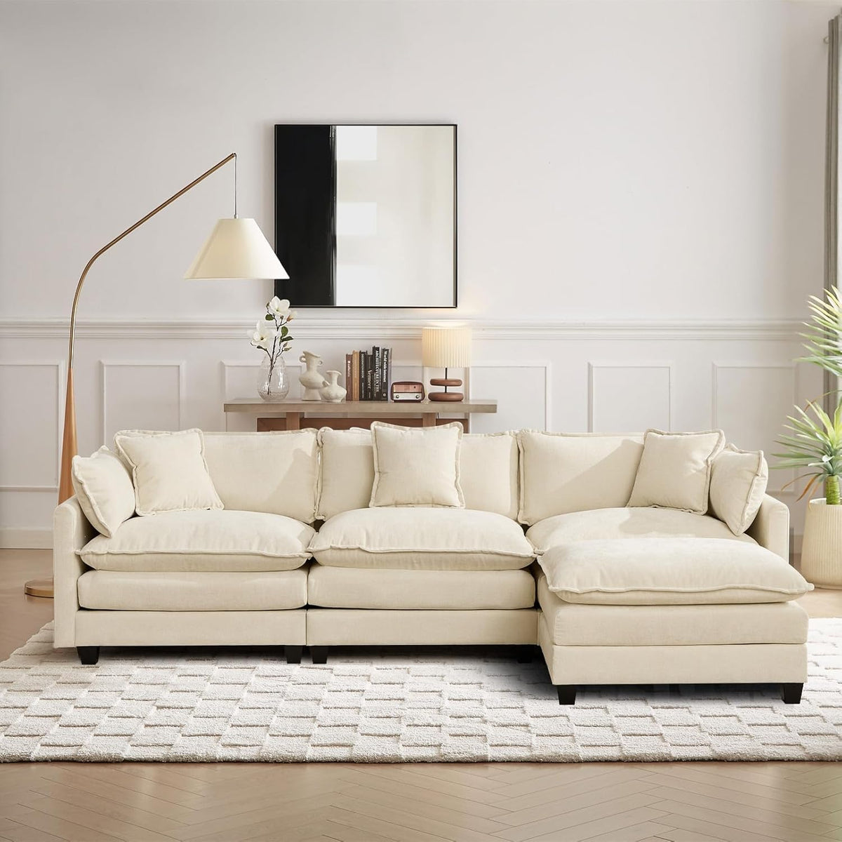 Sofá Modular Modular de 380.0 cm en Forma de L, sofás Convertibles de Gran tamaño, sofá de felpilla de 4 plazas con Asiento Profundo SleeperCloud con Almohadas y 2 otomanas para Sala de