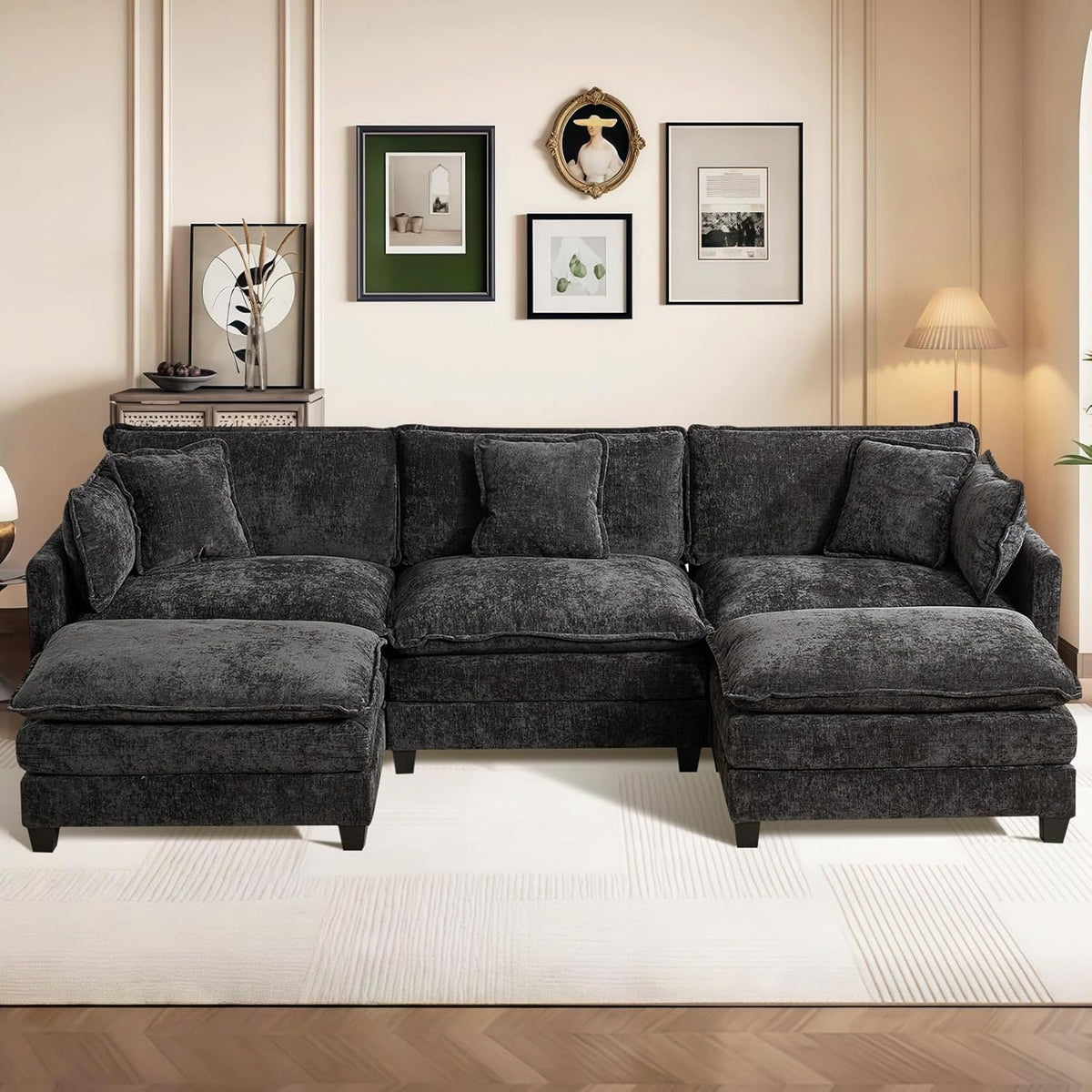 Sofá Modular Modular de 380.0 cm en Forma de L, sofás Convertibles de Gran tamaño, sofá de felpilla de 4 plazas con Asiento Profundo SleeperCloud con Almohadas y 2 otomanas para Sala de
