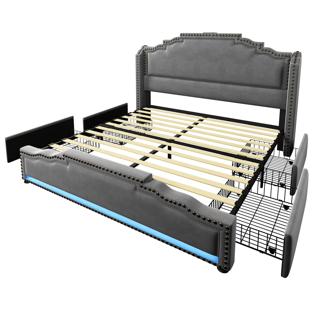 Cama tapizada de 160 x 200 cm, cama doble con 4 cajones, iluminación LED y puerto de carga USB-C, cama de almacenamiento y cama juvenil con somier, terciopelo, beige, sin colchón