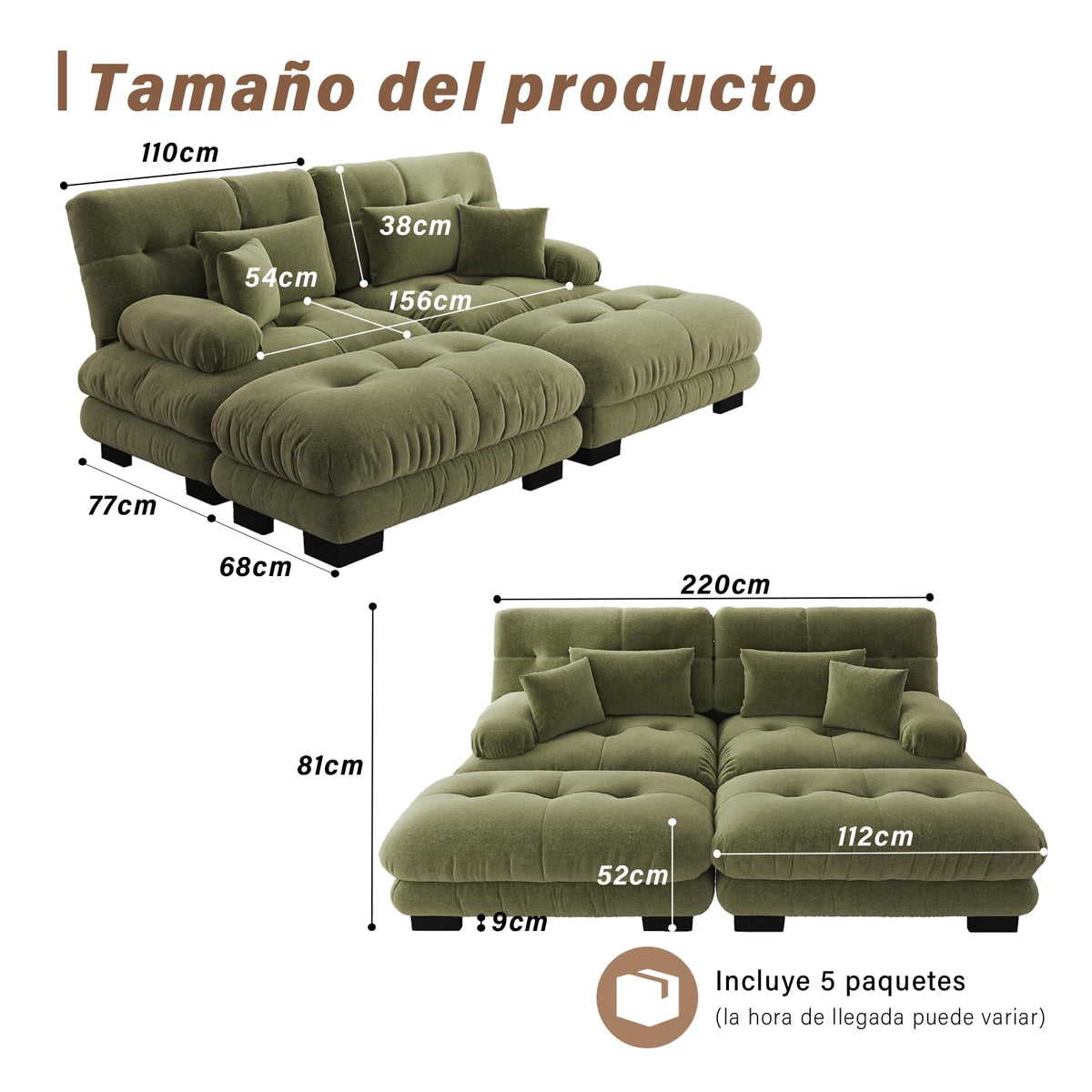 SoarFlash Sofá U Modular de 4 plazas para salón Moderno, sofá Nube de Tela Chenille con reposabrazos, Color Amarillo, 145×406 cm