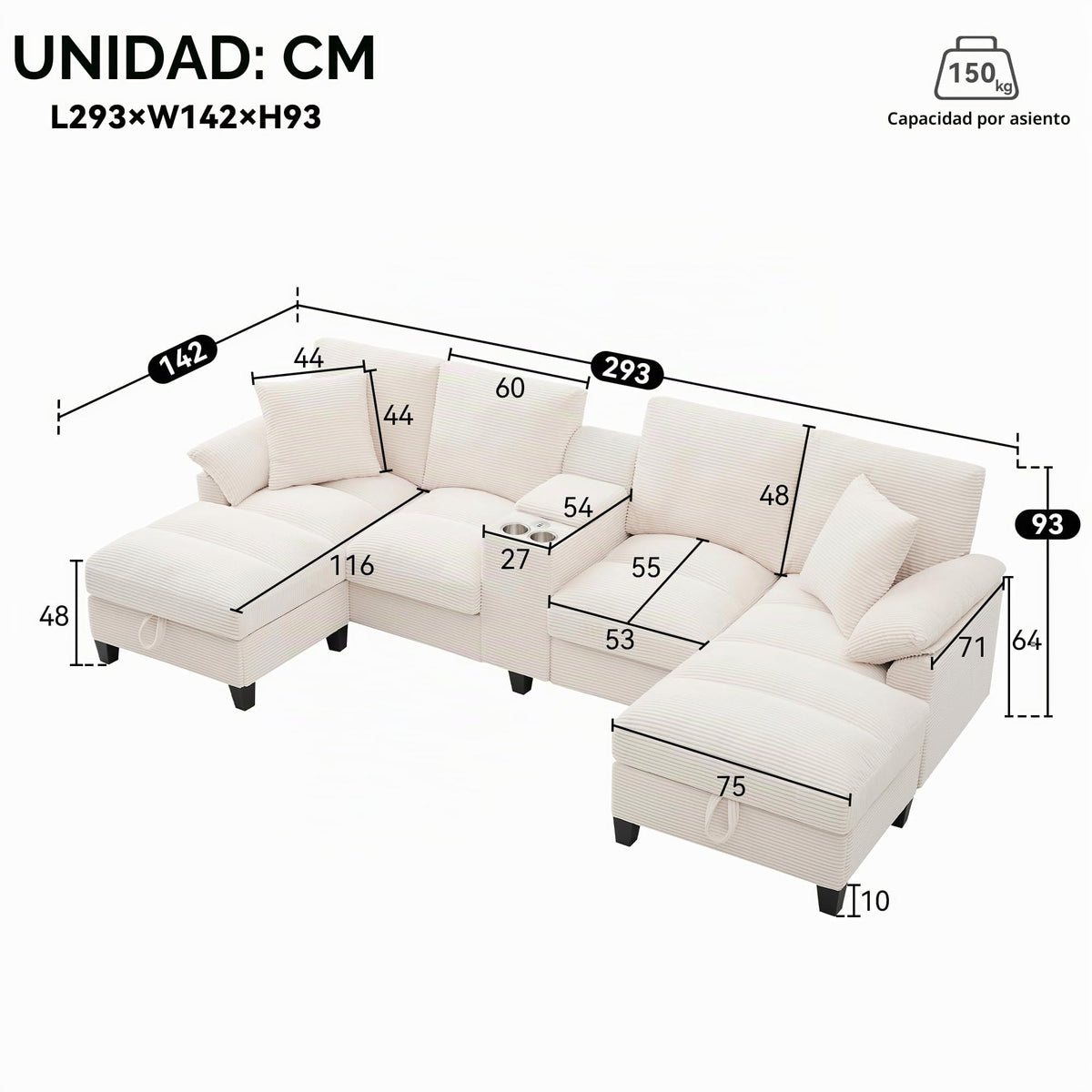 Azkoeesy - Sofá de 4 plazas con 2 reposapiés y espacio de almacenamiento, consola con 2 portavasos y enchufe, 293 cm, forma U, tapizado en pana, adecuado para sala de estar, dormitorio y apartamentos