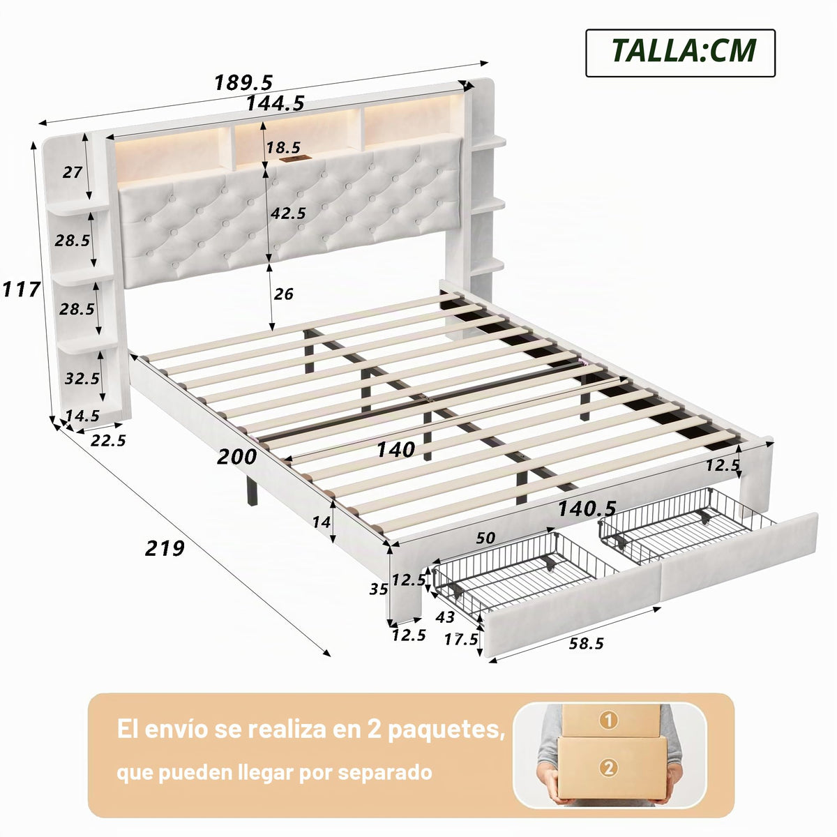 BRILVERDE Cama Tapizada 160x200 con Almacenamiento, Cama matrimonial con cajones, Cama Nido con LED, Cabecero Acolchado y Base de Láminas, Terciopelo (Beige, 160 x 200 cm)