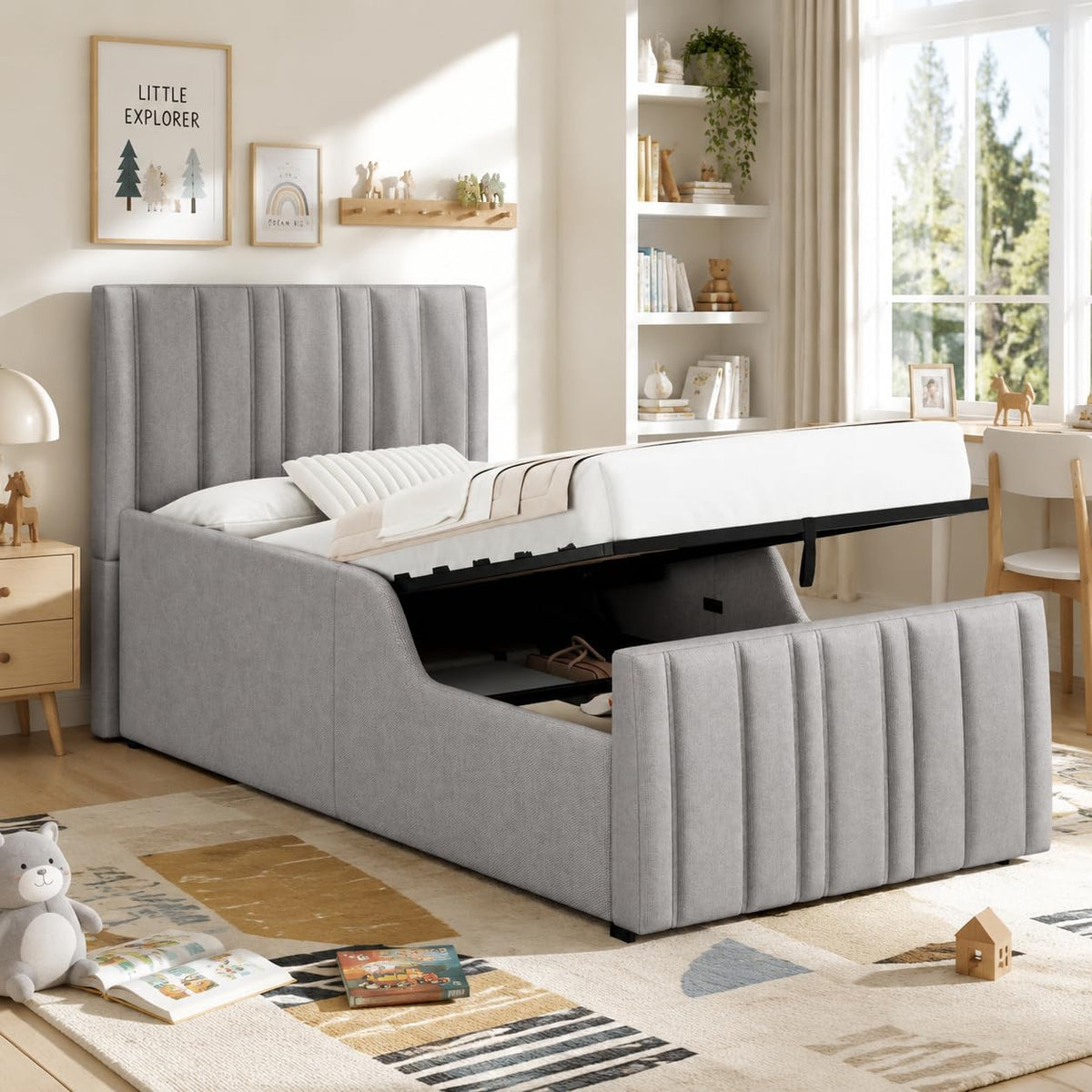 Kebnor Cama tapizada, cama individual, cuna 90 x 200 cm, cama funcional hidráulica, cama con somier, cabecero y gran espacio de almacenamiento, cabecero acolchado, lino (gris)