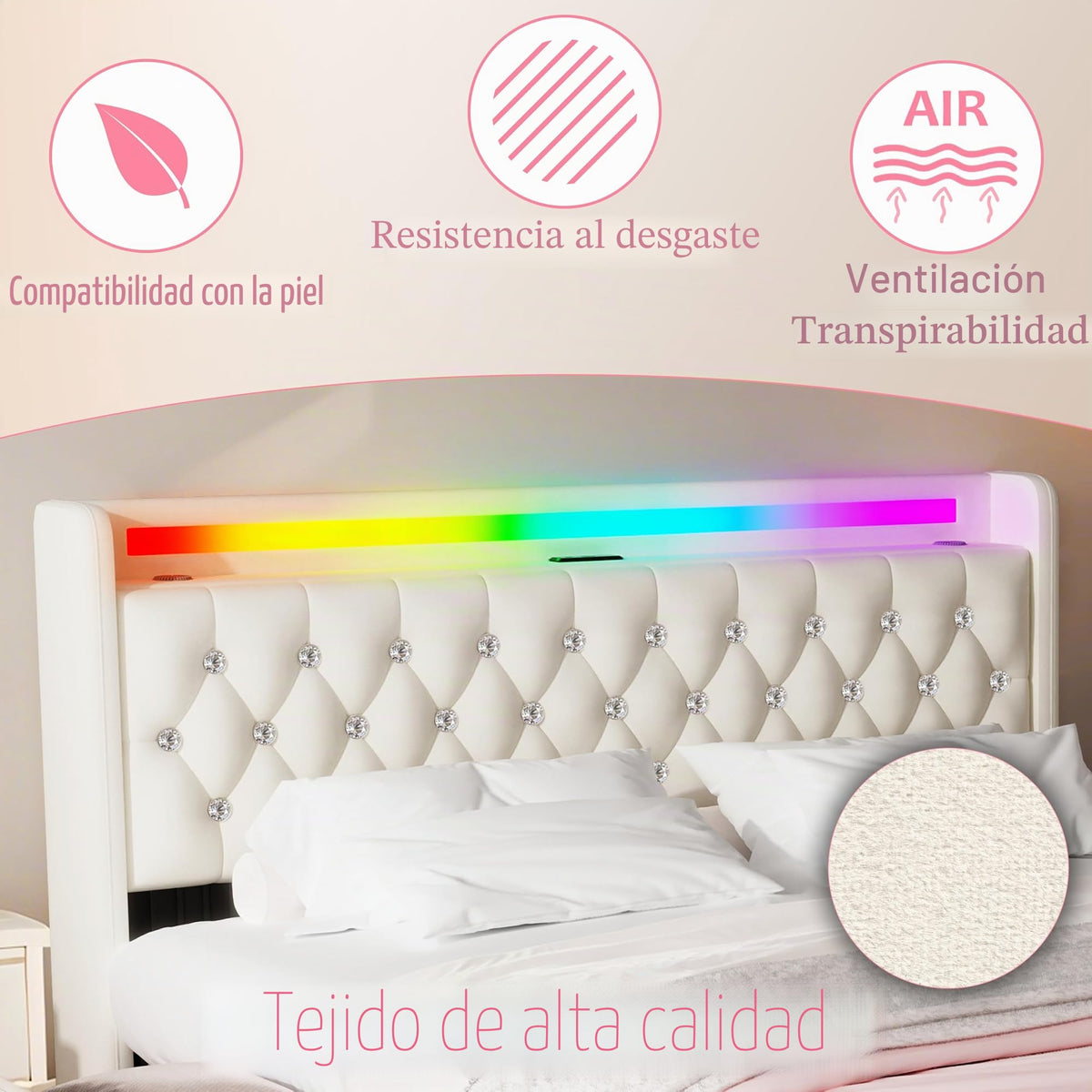 Estructura de Cama 140x200 cm con iluminación LED, Lino, Gris