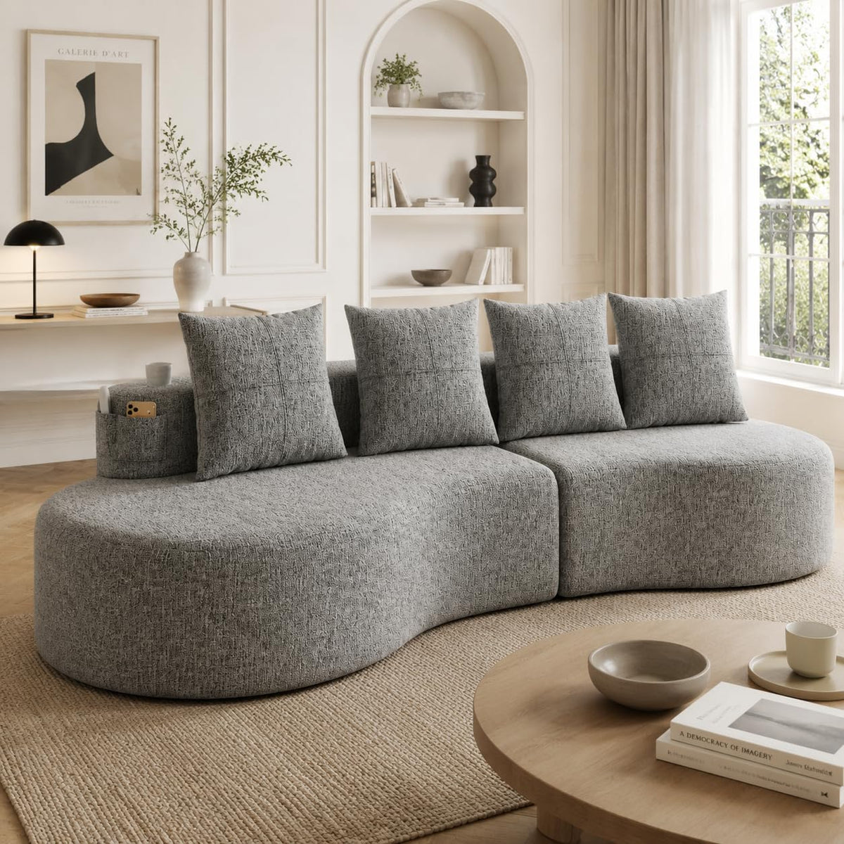 Bladez Sofá esquinero moderno curvado de 5 plazas, sofá modular de terciopelo, diseño curvado, cómodo sofá tapizado, cómodo sofá tapizado con cojines, adecuado para salón y apartamento, color blanco