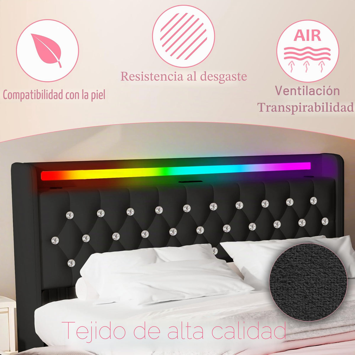 Estructura de Cama 140x200 cm con iluminación LED, Lino, Gris