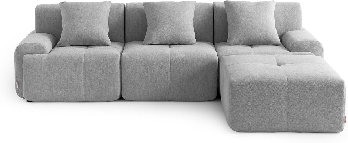 Sofá Modular 3 plazas con Chaise Longue, tapizado en Chenilla, Fundas de Cojines desenfundables (Gris Mineral, 3 plazas con Chaise Longue)