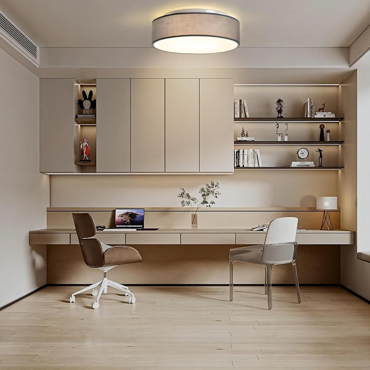Plafón de Techo Redondo de Tela 38 cm, Pantalla Textil con 2 Casquillo E27 (40W máx.) Lámpara de Techo para Salón, Dormitorio, Pasillo o Habitación Infantil,Sin bombilla (Taupe, 38)