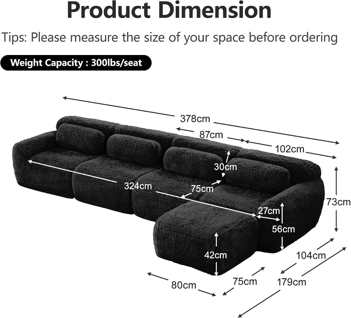 Sofá modular combinable en forma de L de 4 plazas, tejido de felpa con cojines, espuma de alta elasticidad, diseño chaise longue para salón o dormitorio (negro)