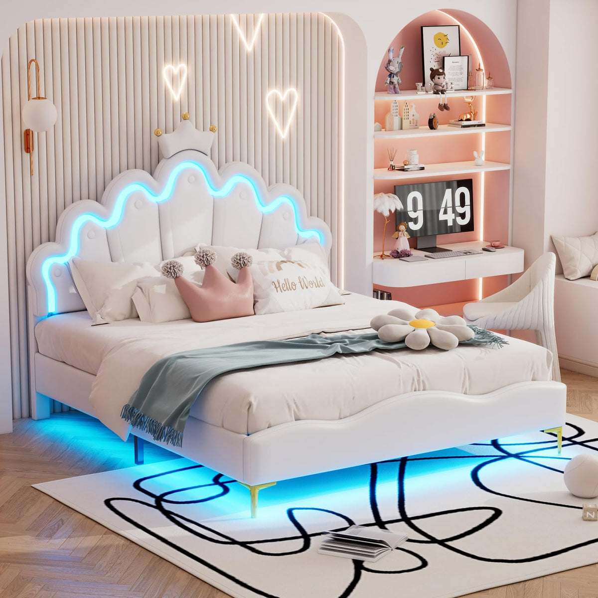 Cama Infantil tapizada 140 x 200 cm con LED, Cama tapizada para niños 140 x 200 con cabecera Ajustable Marco de Camas, Camas de Princesa para Niña en Forma de Corona con Somier(Rosa, 140 x 200)