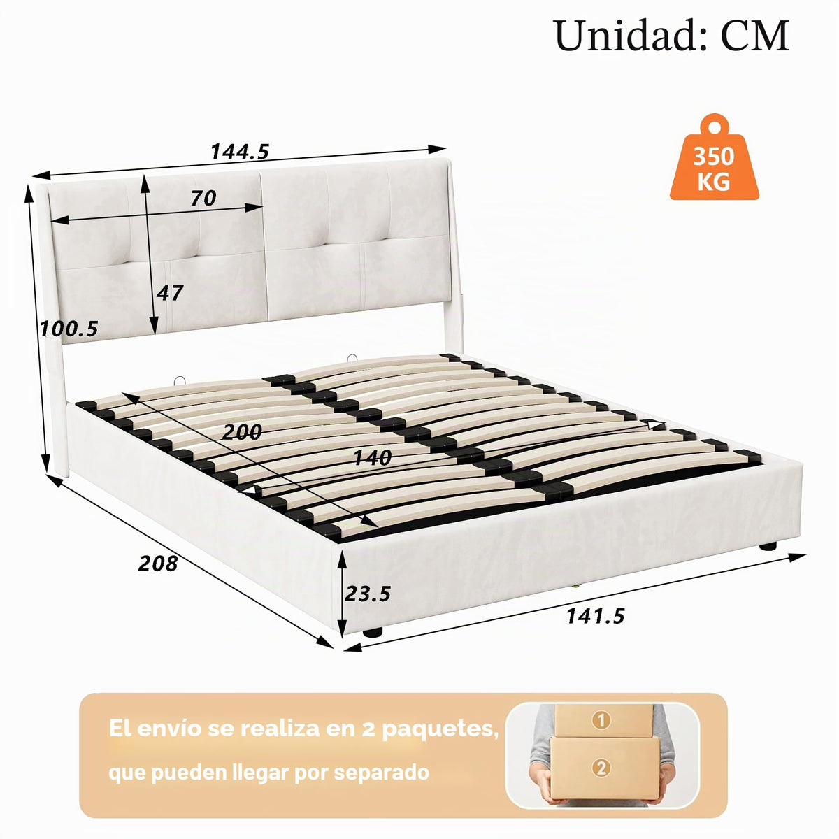 BRILVERDE Cama Tapizada 160x200 con Almacenamiento, Cama matrimonial con cajones, Cama Nido con LED, Cabecero Acolchado y Base de Láminas, Terciopelo (Beige, 160 x 200 cm)