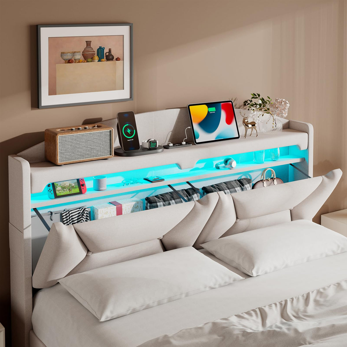 Cama 90x200 cm con Almacenamiento, Cama Individual con LED, Puertos USB y Type-C, Somier 90x200 Hidráulico, Camas Juveniles Camas Infantiles con Cabecero, Lino, Beige, Colchón No Incluido