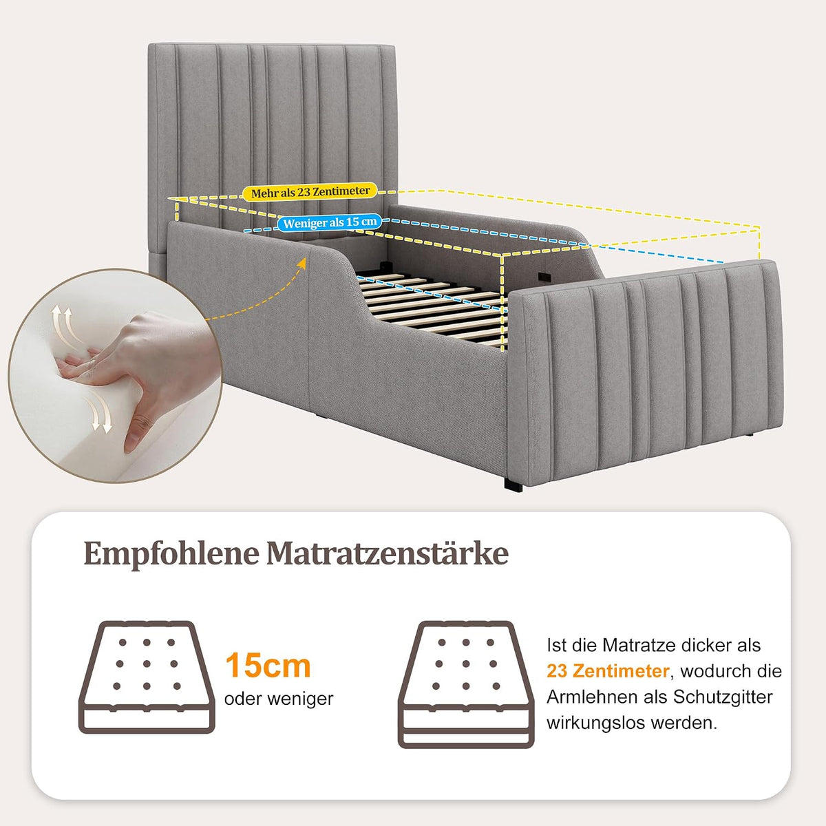 Kebnor Cama tapizada, cama individual, cuna 90 x 200 cm, cama funcional hidráulica, cama con somier, cabecero y gran espacio de almacenamiento, cabecero acolchado, lino (gris)