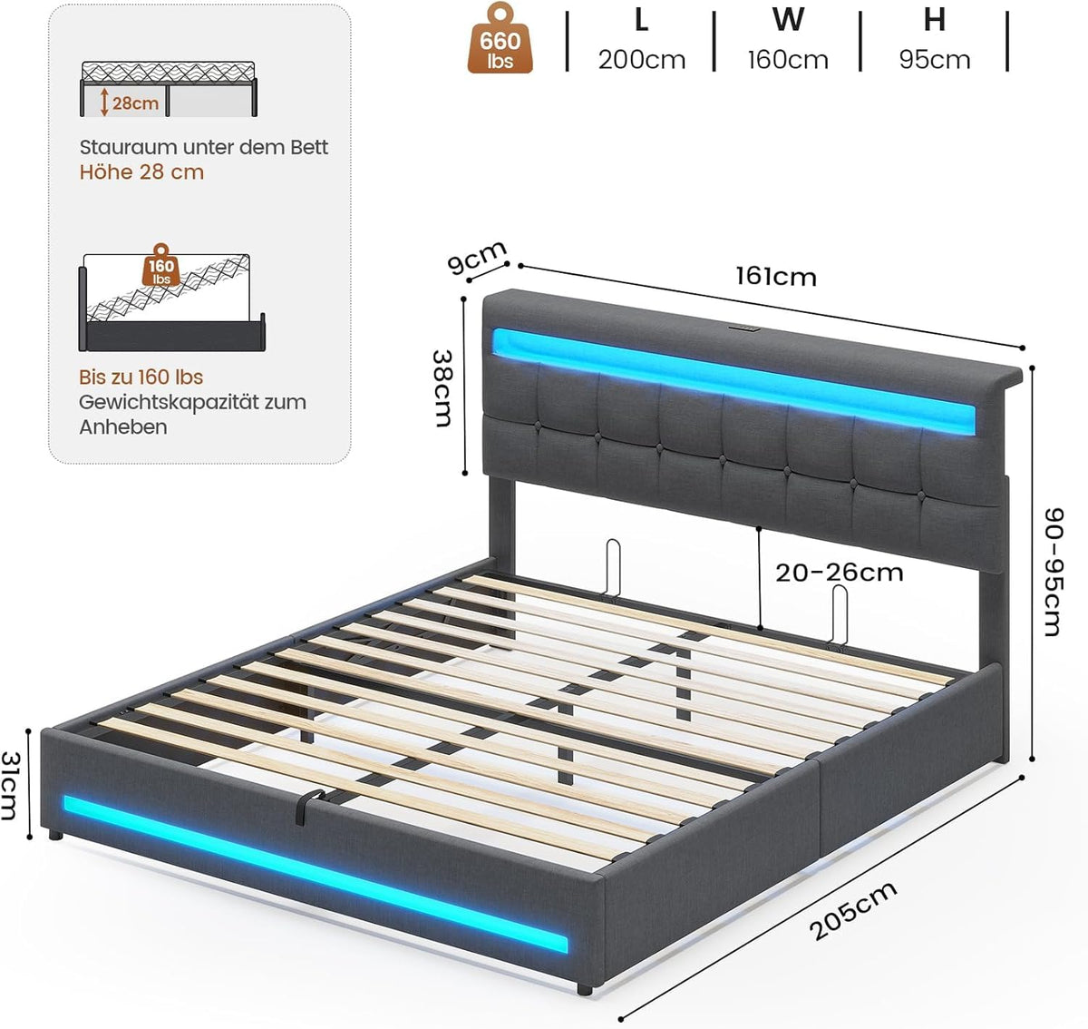 AOGLLATI Camas Matrimoniales 140x190 cm con Almacenamiento Hidráulico, Cama Canapé con Cabecero Ajustable, Estructura de Cama con Luces LED y Estación de Carga (USB y Tipo-C), Gris Oscuro