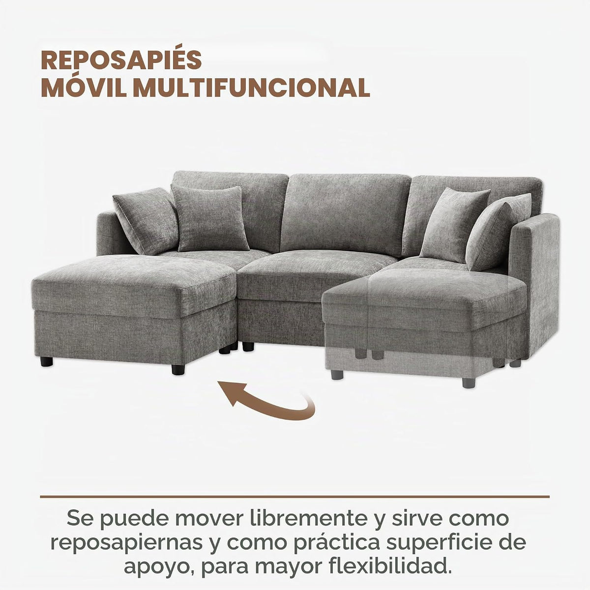 Soweiz Sofá de esquina en forma de L con reposapiés, sofá cama convertible de 3 plazas, 4 cojines, brazos ajustables, tejido chenilla, adecuado para salón/oficina/apartamento, 218 x 156,5 x 86 cm
