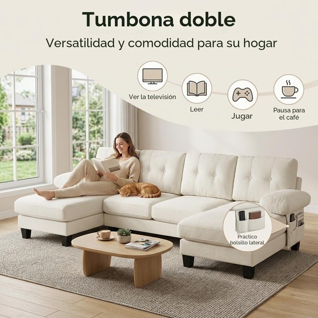 Sofá modular de 6 plazas, sofá esquinero en forma de L/U, puertos USB/tipo C, portavasos y espacio de almacenamiento, tela de chenilla, 7 cojines, salón, dormitorio y oficina, color beige