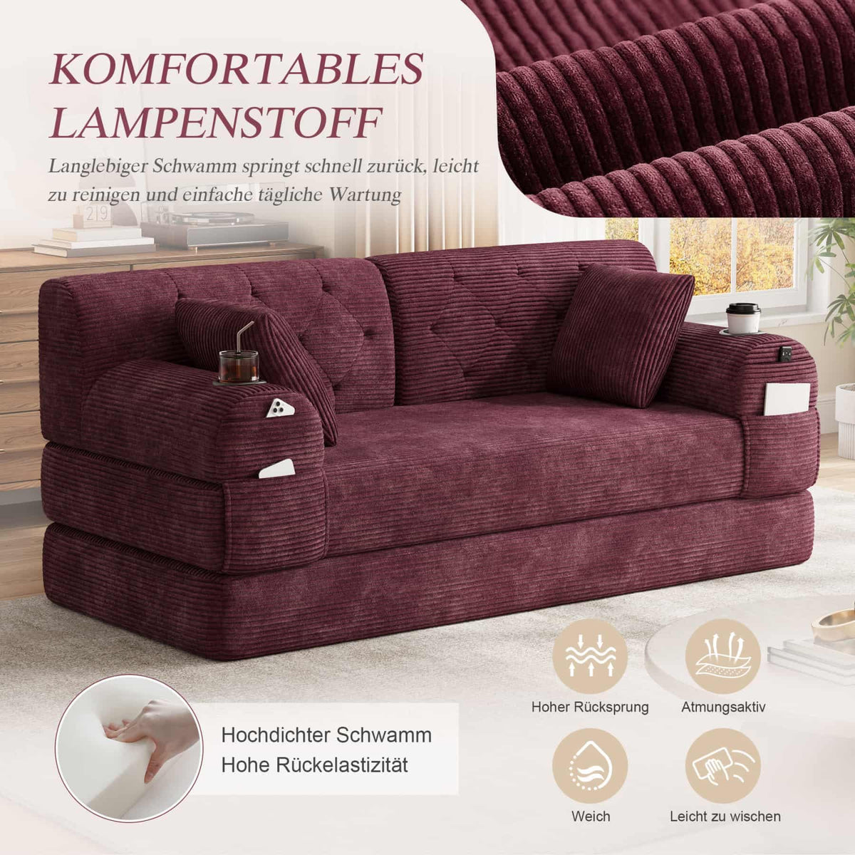 YEHTOKHOME - Sofá de Velor acanalado con respaldo alto y estructura metálica, sofá moderno de 2 plazas con 2 portavasos y 4 bolsillos laterales, para salón, dormitorio (Beige)