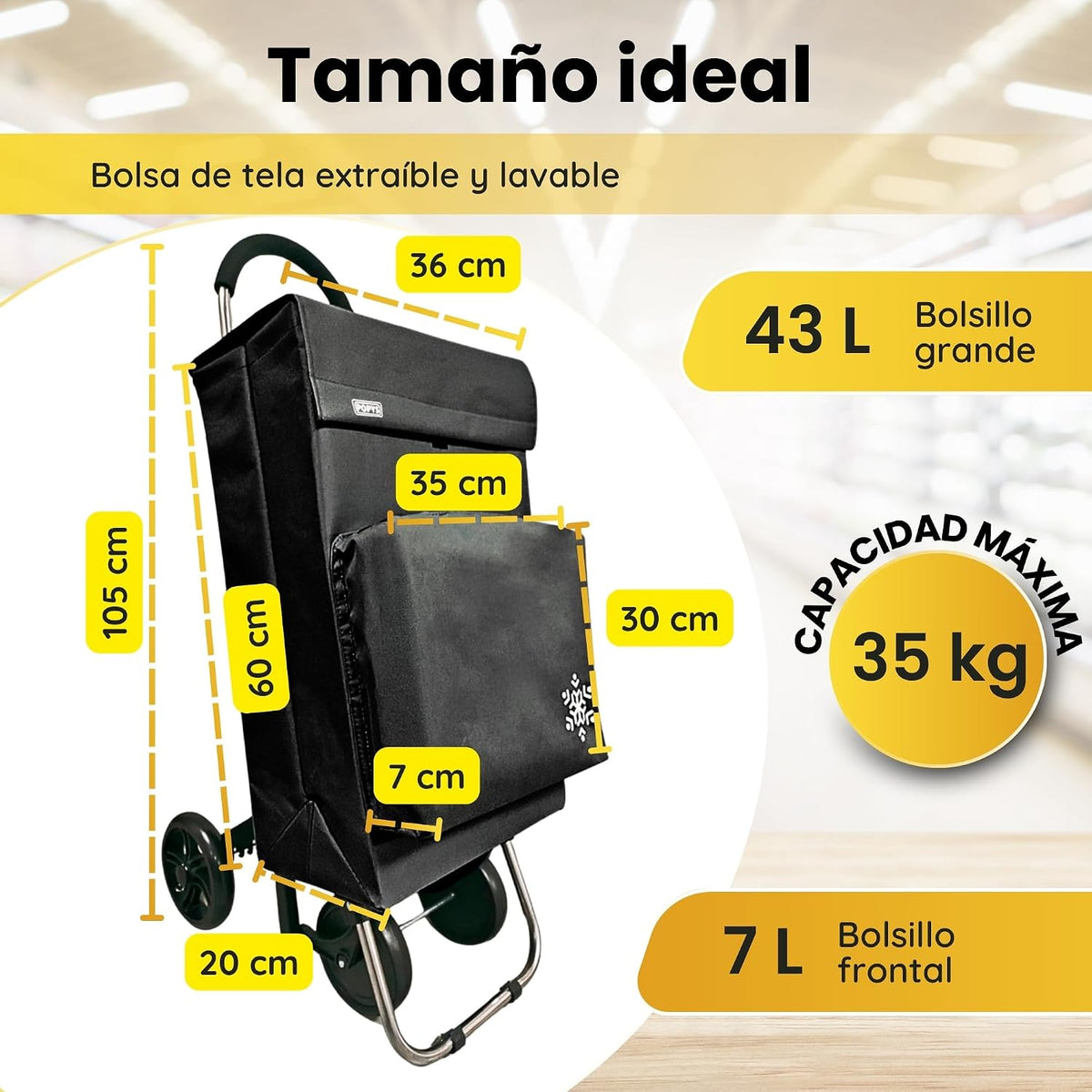 Carro de la Compra de 50L con Compartimento Refrigerante | Carrito Compra de 4 y 2 Ruedas Ideal para Supermercado (Requiere Montaje)