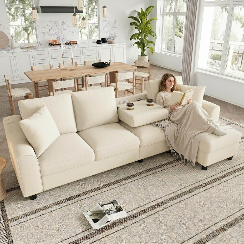 Sofá moderno de chenilla en forma de U con chaise longue, sofá esquinero de 4 plazas con espacio de almacenamiento, puerto USB y tipo C, modular, con soporte para bebidas y cojines suaves
