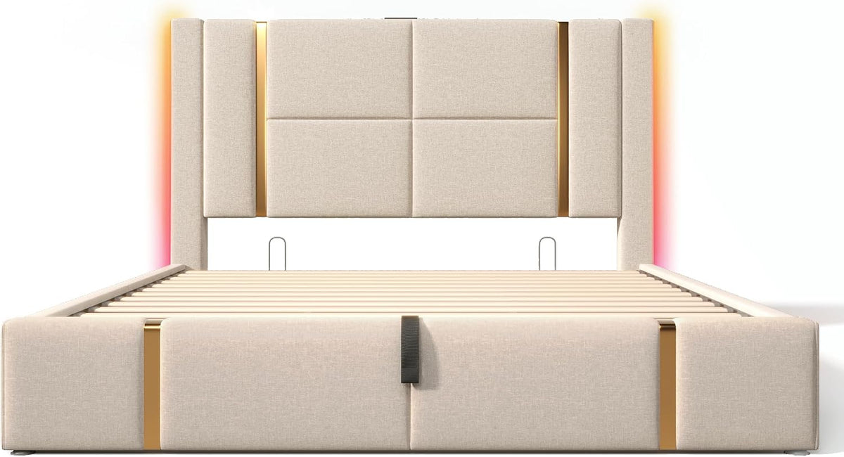 Cama tapizada doble USB tipo C función de carga APP Control LED 180 × 200 cm espacio espacio cama somier de láminas de madera, material de lino beige (sin colchón)