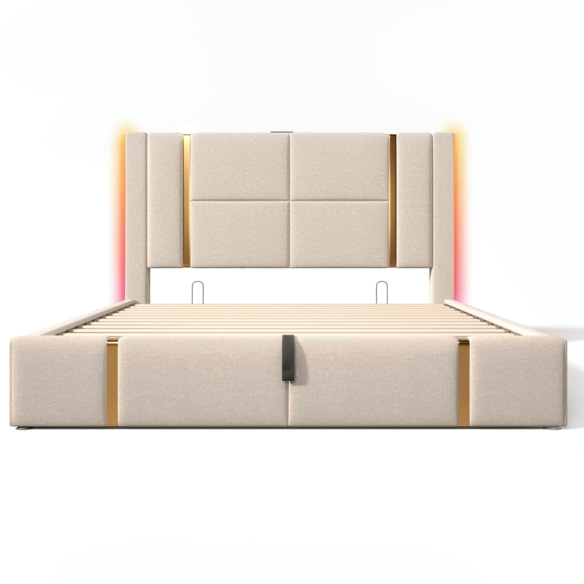 Cama tapizada doble USB tipo C función de carga APP Control LED 180 × 200 cm espacio espacio cama somier de láminas de madera, material de lino beige (sin colchón)