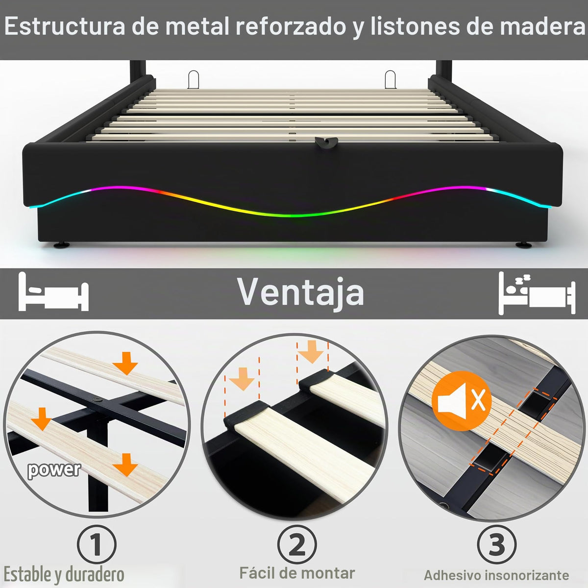 Estructura de Cama de Cuero 160x200cm con Carga USB Type-C, Blanco
