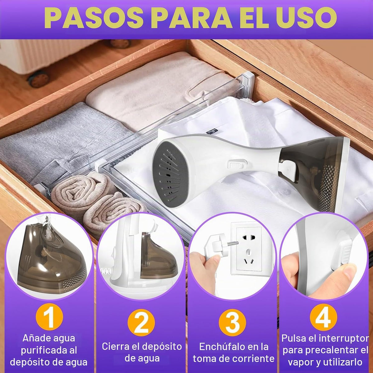 Plancha Vertical Vapor 1500W，Plancha Vapor Vertical Portátil con 270ml de Tanque Plancha Vapor para Elimina Arrugas Calentamiento Rápido, Cable de 1,8 M, Ideal para Viajes y Uso Doméstico