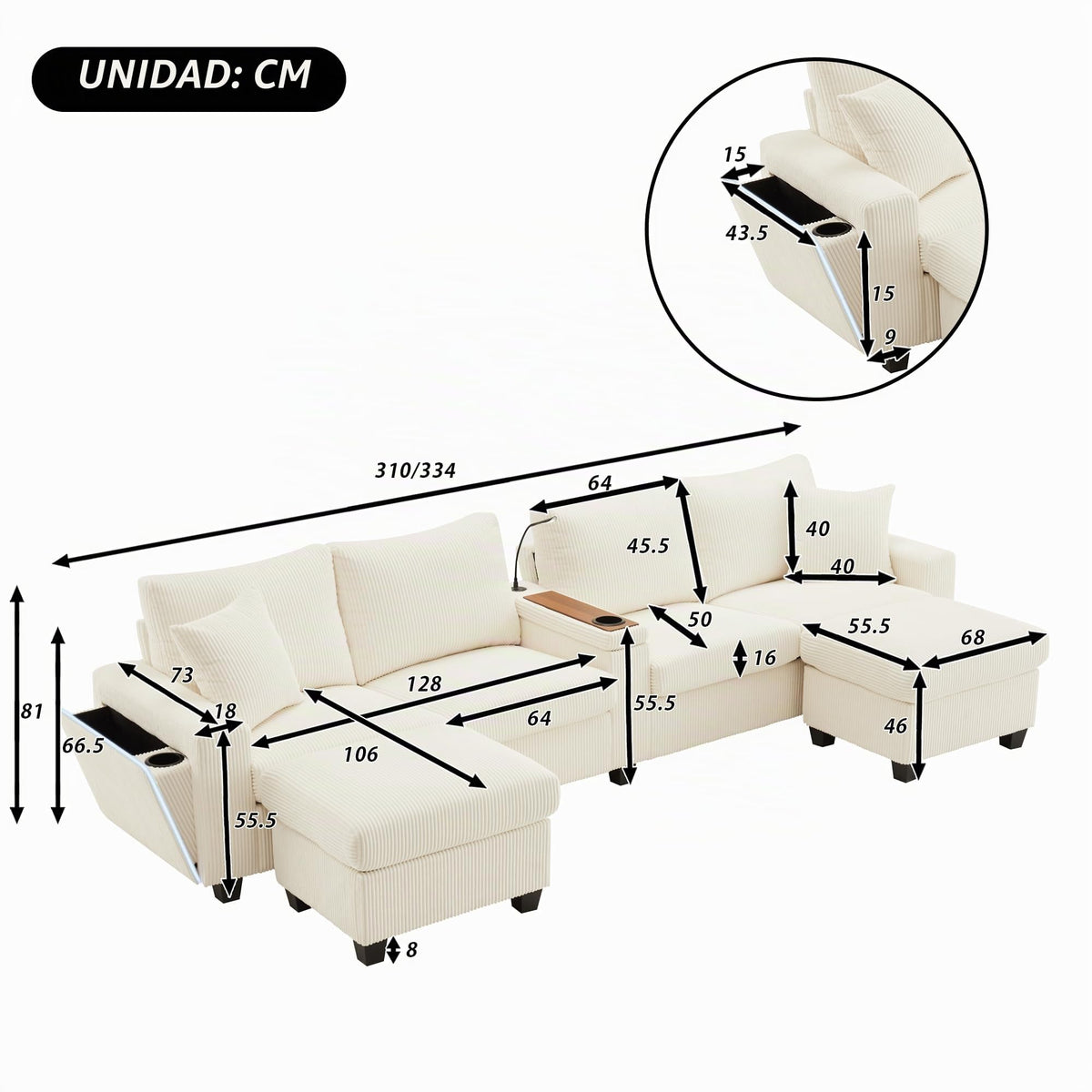 LAKFEW Sofa Cama con Cama Extensible y Taburete Almacenaje, Sofa Rinconera con USB, Lámpara de Lectura, Mesa Plegable con 2 Posavasos, 205x205x85 cm, Gris