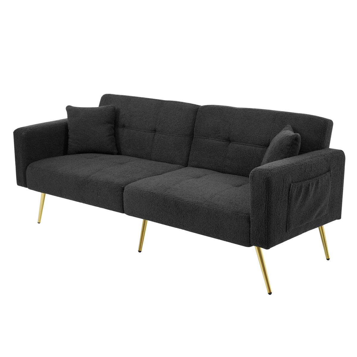 Sofá cama con esquinas ajustables, patas doradas, almohadas y bolsillos laterales para almacenamiento (Bavia)