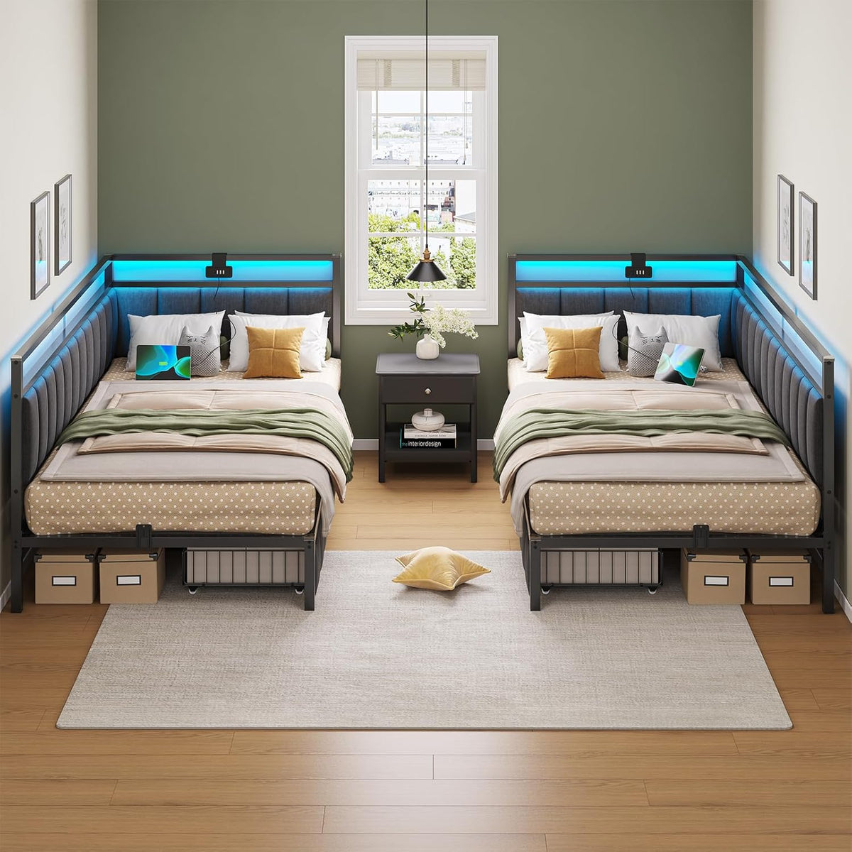 DICTAC Cama Tapizada Sofá Cama 90 x 190 cm con iluminación LED y Toma USB,Camas Juvenil con 2 cajones de Almacenamiento, Estructura de Cama de 90x190 con somier de láminas de Metal, Gris Oscuro