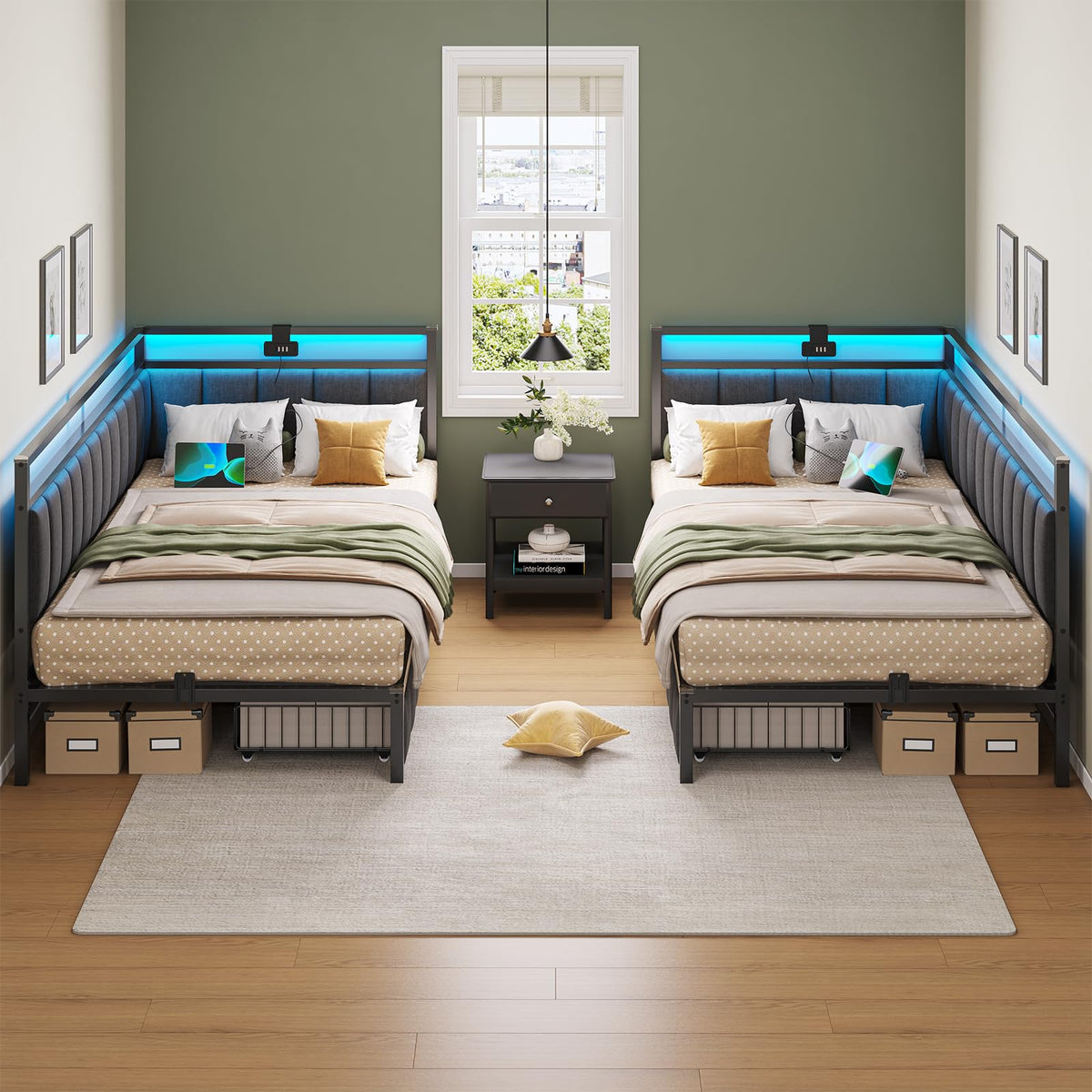 DICTAC Cama Tapizada Sofá Cama 90 x 190 cm con iluminación LED y Toma USB,Camas Juvenil con 2 cajones de Almacenamiento, Estructura de Cama de 90x190 con somier de láminas de Metal, Gris Oscuro