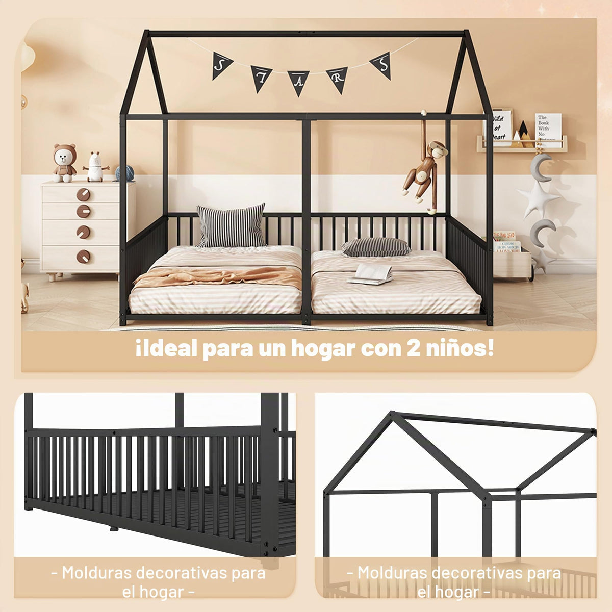 Cama infantil de 90 x 200 cm, dos camas de 90 cm con protección anticaídas, cama doble con modelado de casa, marco de hierro, color blanco, ideal para 2 niños