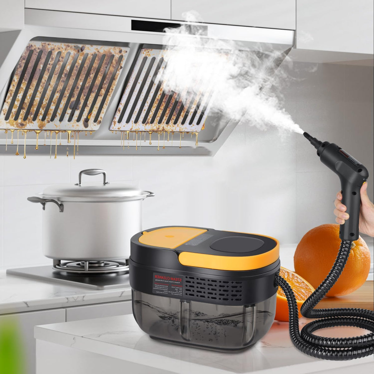 Vaporeta Limpieza Hogar 2500W, Depósito de Agua 1600ML, Mango Regulable en 3 Niveles, Alta Temperatura 105℃ y Presión 3Bar, Calentamiento Rápido 15s, 10 Accesorios, para Coche, Cocina (Amarillo)