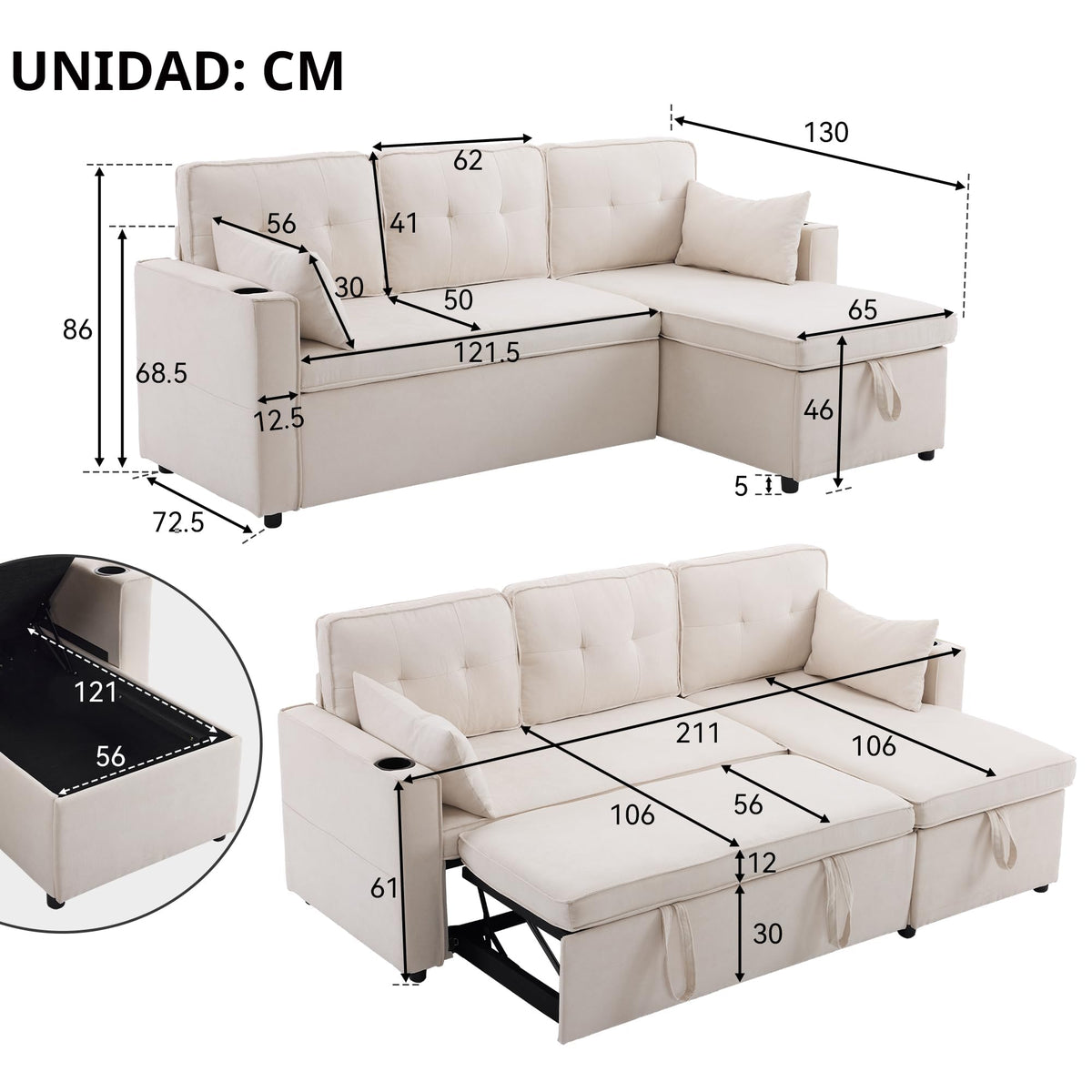 Sofá esquinero extensible en forma de L con puerto USB y portavasos, sofá cama de 4 plazas con función cama, sofá convertible con espacio de almacenamiento y reposabrazos, cojines, chenilla